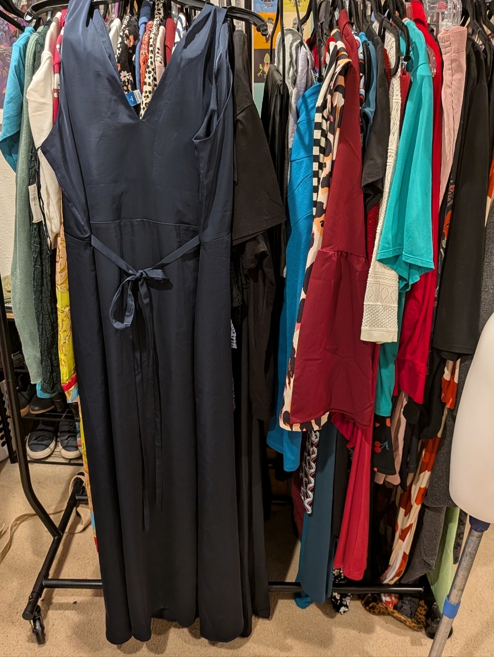 Navy V-Neck Maxi Dress with Waist Tie